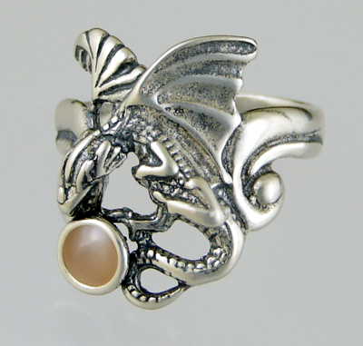 Sterling Silver Detailed Dragon Ring With Peach Moonstone Size 7